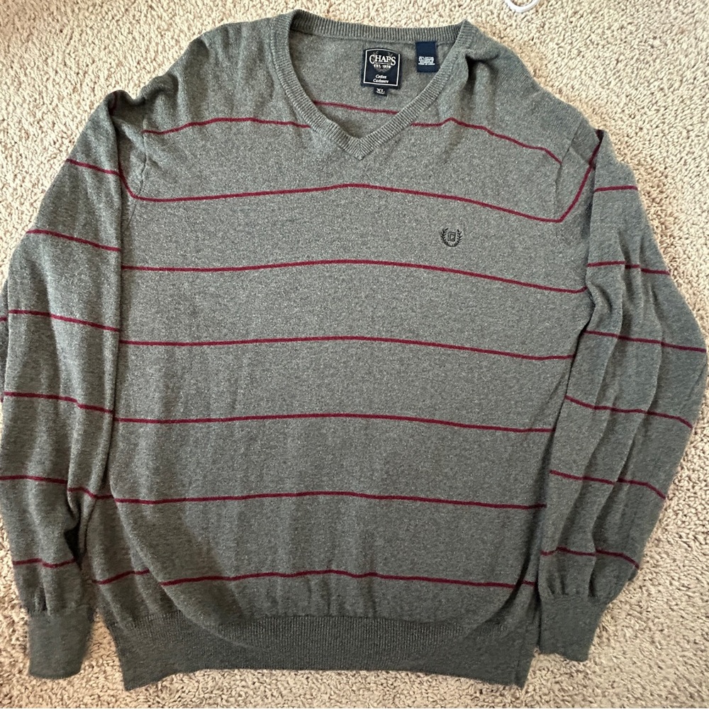 Chaps V-Neck Cashmere‎ Blend Sweater, Size XL, Gray and Burgundy Striped